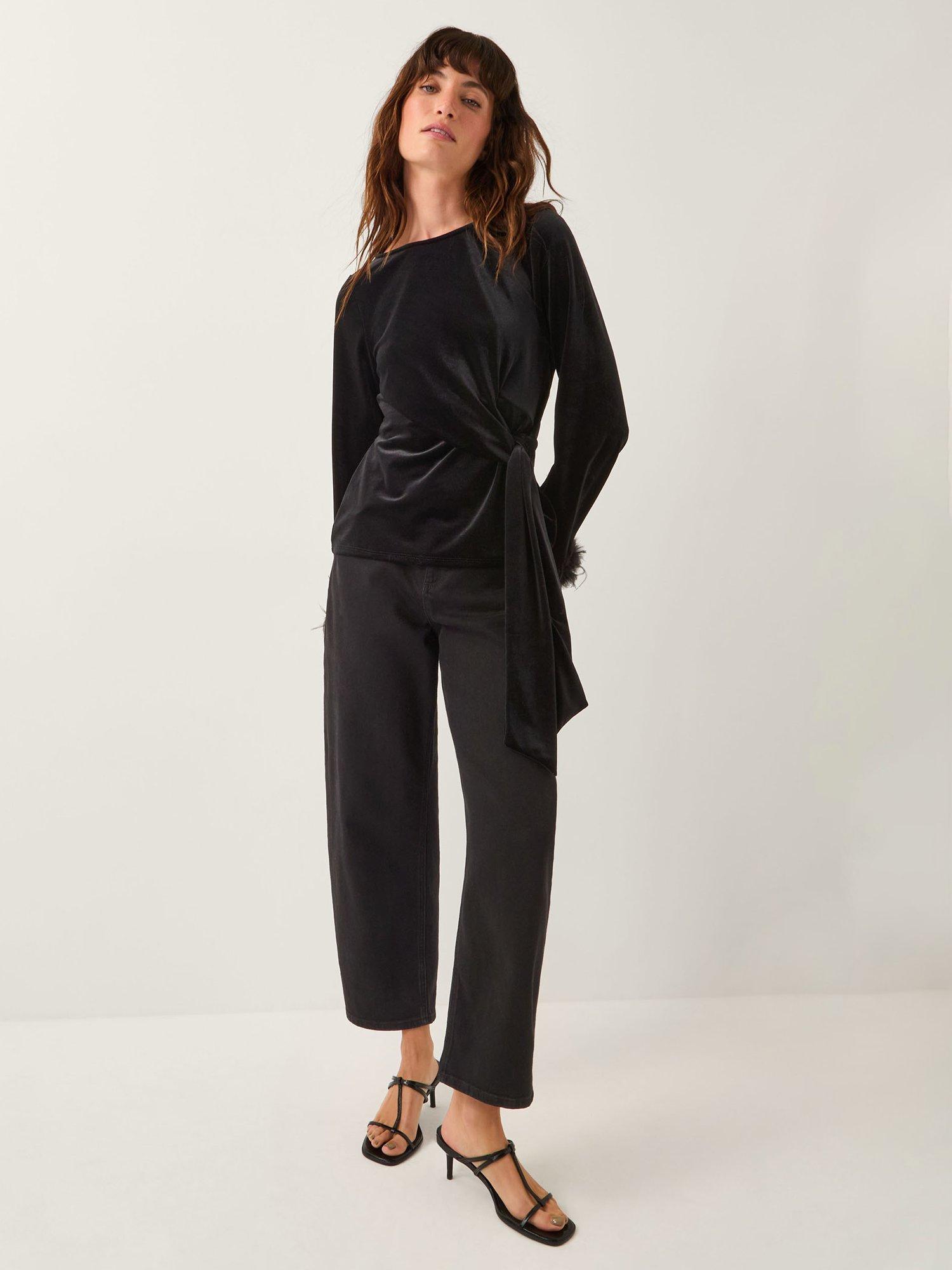 Product image 3 of 5, which shows Monsoon Freya Boat Neck Feather Top, Black, 8