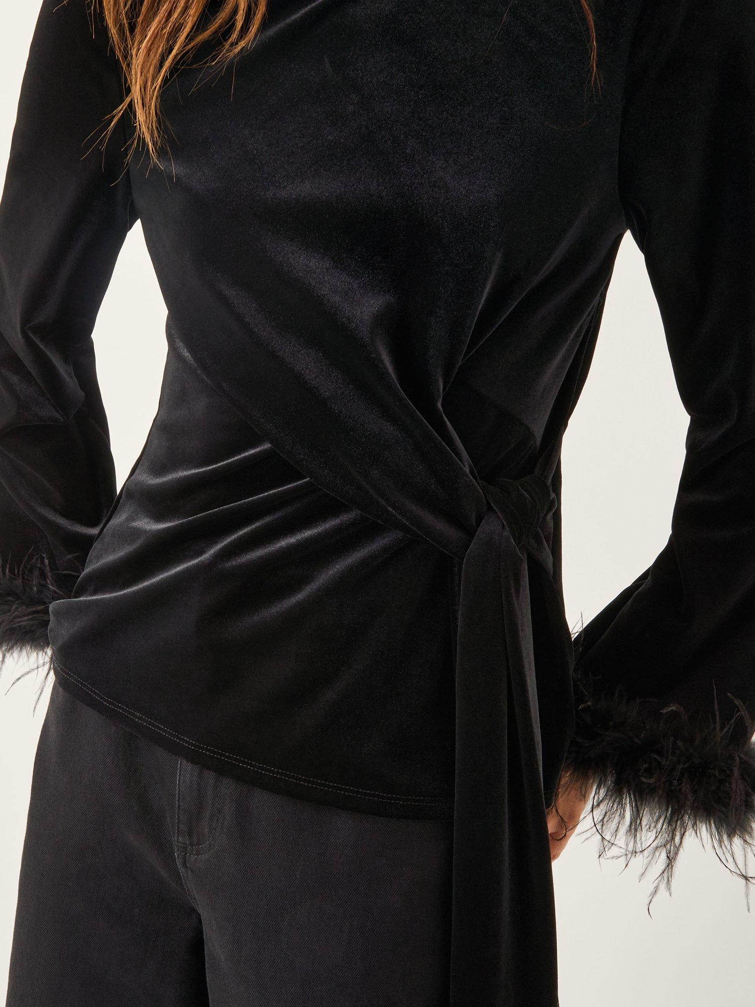 Product image 4 of 5, which shows Monsoon Freya Boat Neck Feather Top, Black, 8