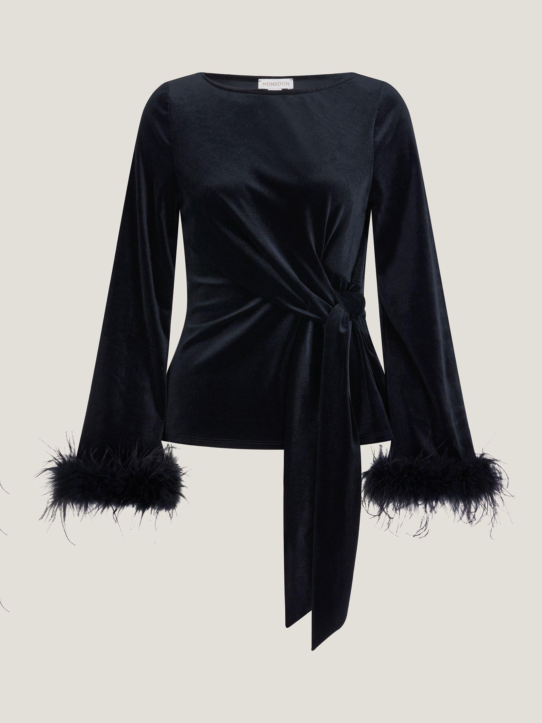 Product image 5 of 5, which shows Monsoon Freya Boat Neck Feather Top, Black, 8