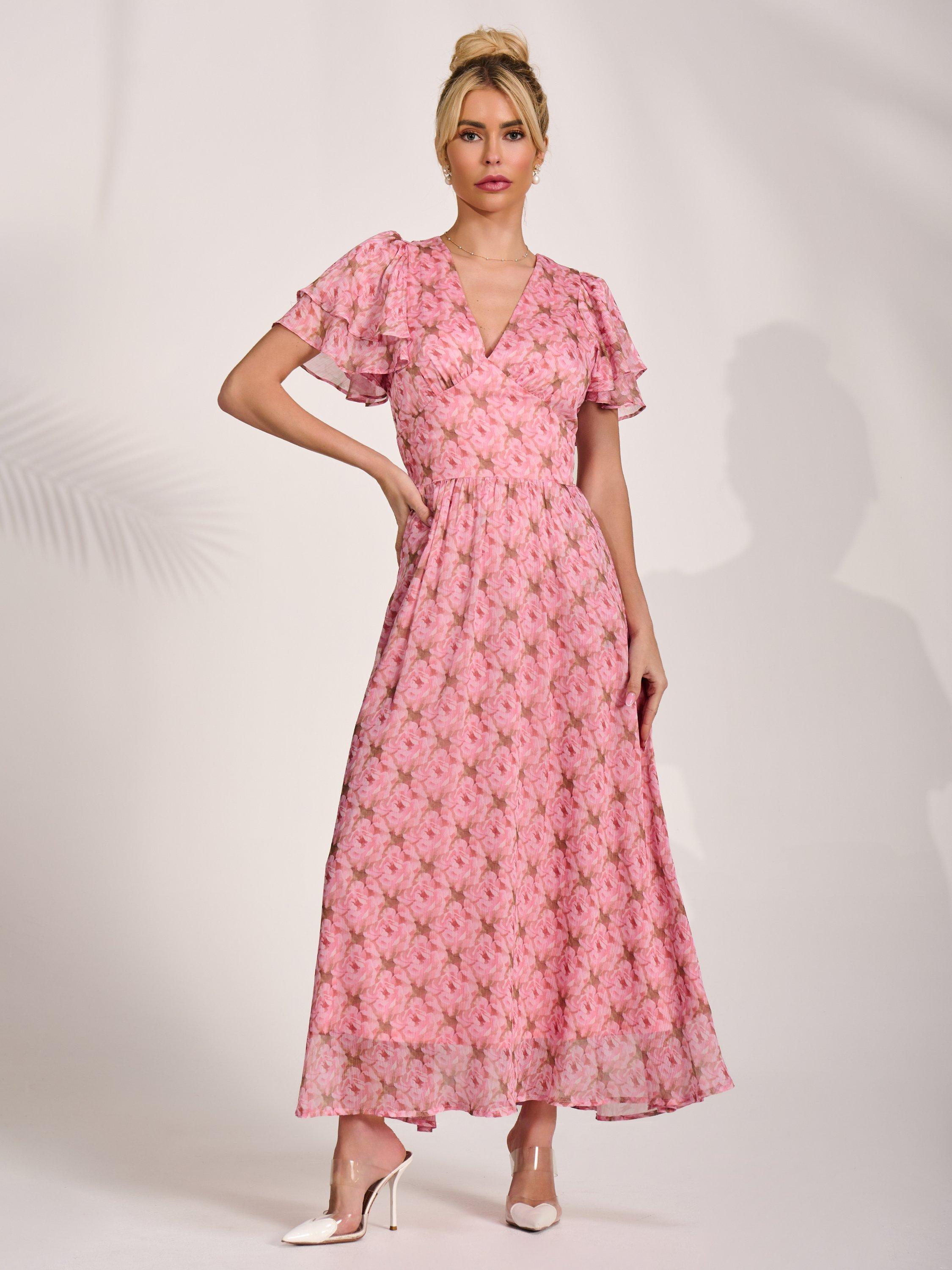 Jolie Moi Floral Angel Sleeve Chiffon Maxi Dress, Pink/Multi