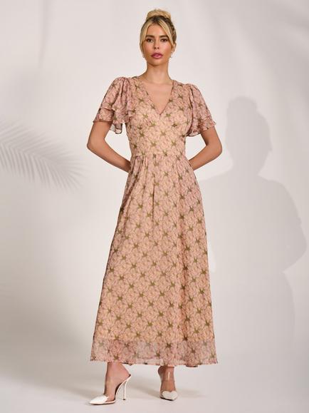 Jolie Moi Floral Layered Angel Sleeve Chiffon Maxi Dress, Green Floral, Green Floral