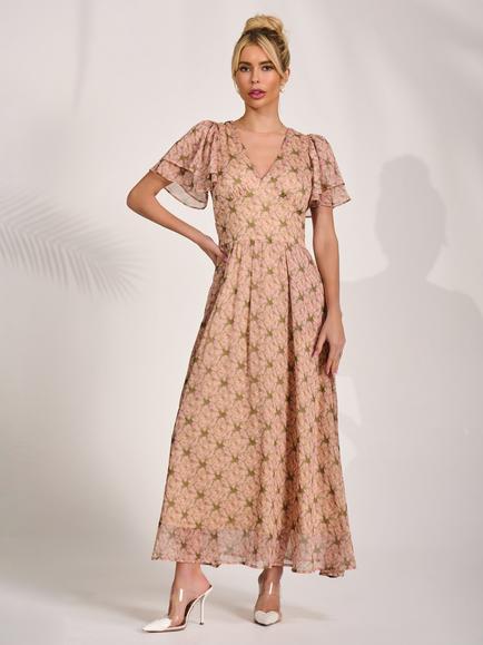 Jolie Moi Floral Layered Angel Sleeve Chiffon Maxi Dress, Green Floral - view 2, Green Floral