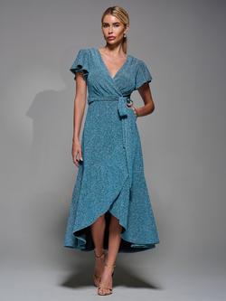Jolie Moi Metallic Angel Sleeve Maxi Dress, Blue/Silver, Blue/Silver