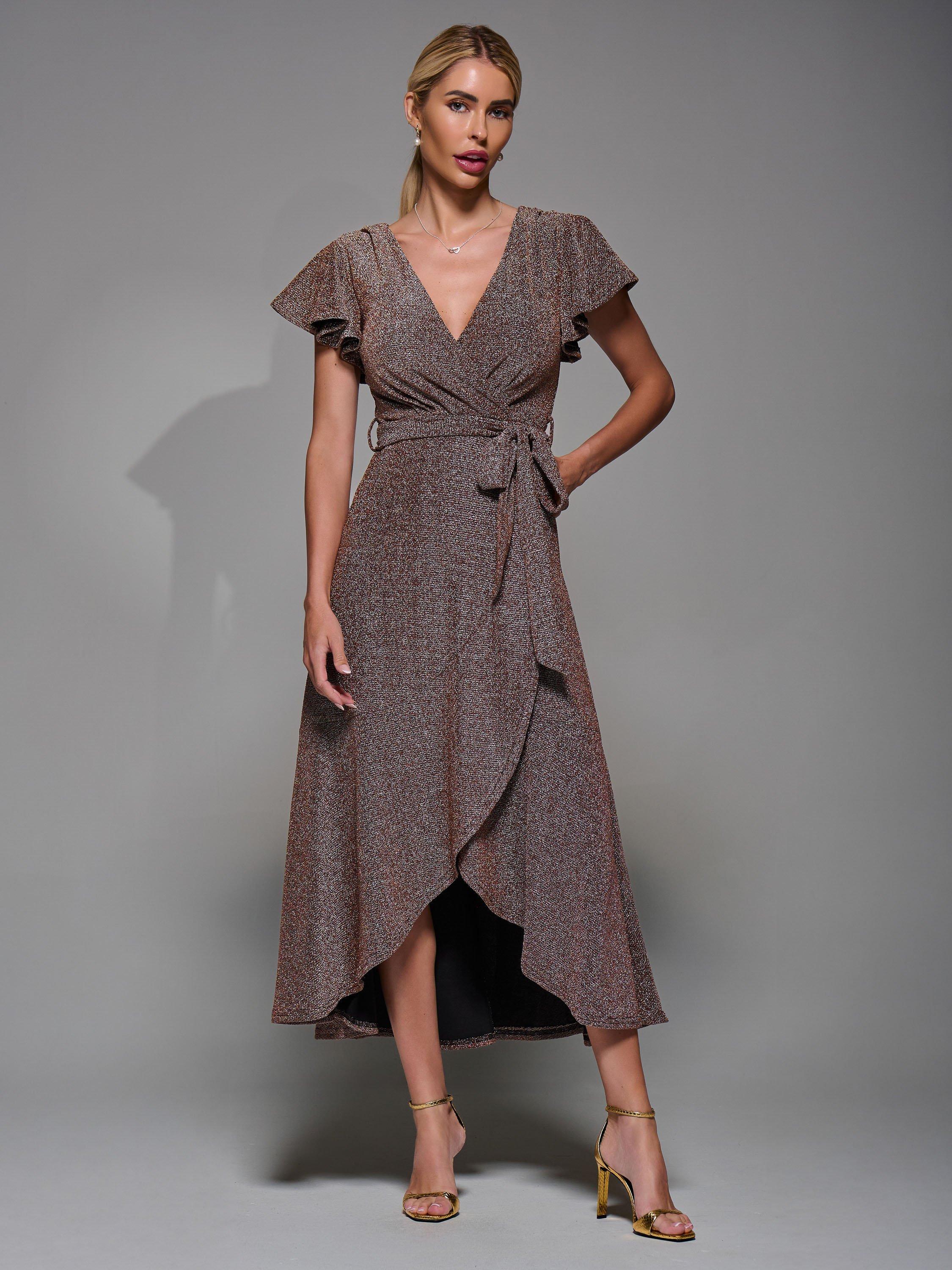 Product image 1 of 6, which shows Jolie Moi Metallic Wrap Maxi Dress, Gold/Red, 8