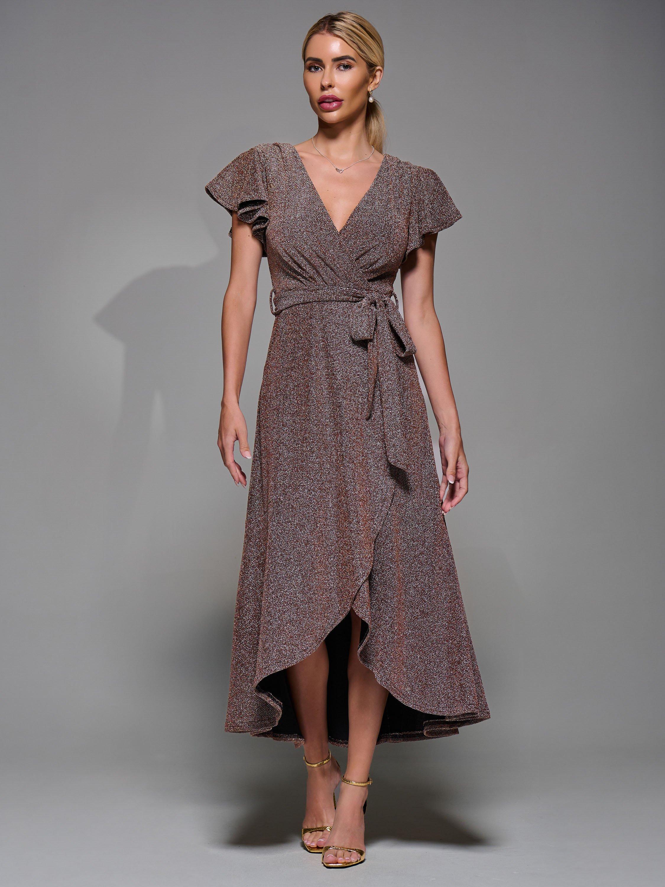 Product image 3 of 6, which shows Jolie Moi Metallic Wrap Maxi Dress, Gold/Red, 8