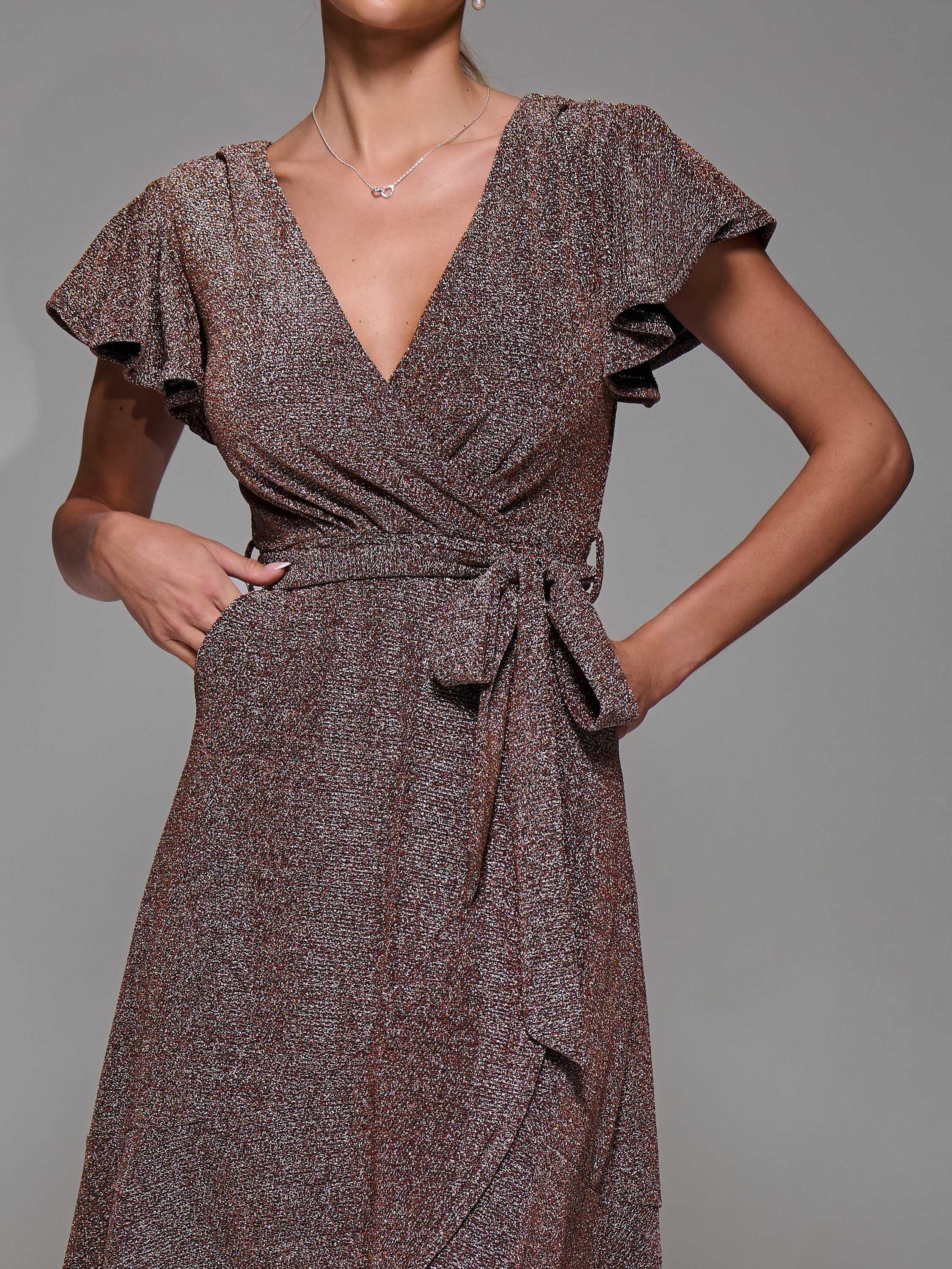 Product image 4 of 6, which shows Jolie Moi Metallic Wrap Maxi Dress, Gold/Red, 8