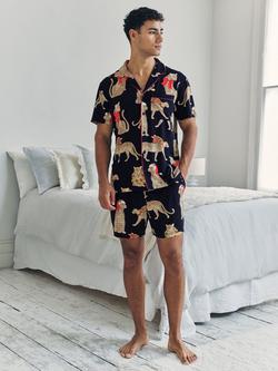 Chelsea Peers Christmas Leopards Short Pyjama Set, Navy, Navy