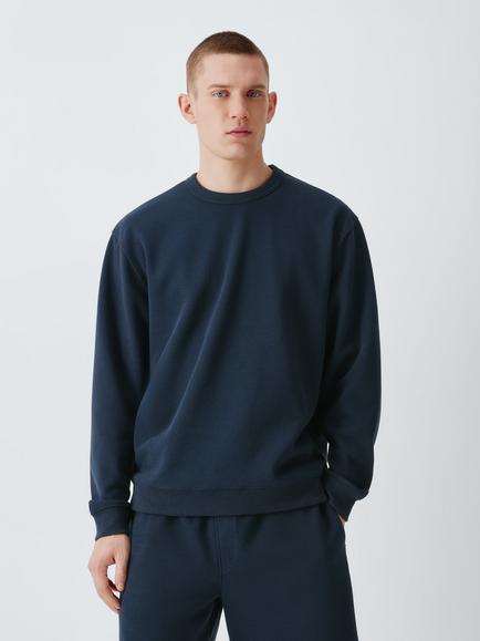 John Lewis Pique Cotton Blend Crew Neck Sweatshirt, Navy