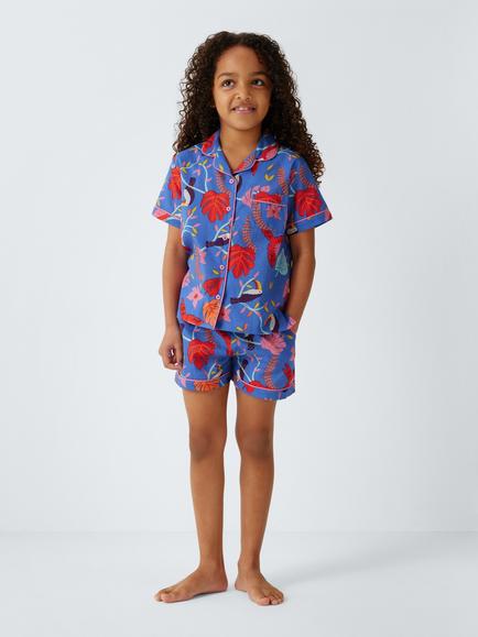 John Lewis Kids' Cockatiel Shortie Pyjamas, Blue Multi - view 2, Blue Multi