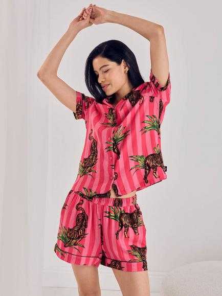 Chelsea Peers Leaf Tiger Stripe Button Down Short Pyjama Set, Pink, Pink