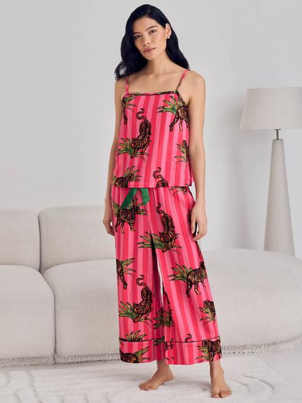 Chelsea Peers Leaf Tiger Stripe Camisole Cropped Pyjama Set, Pink, Pink