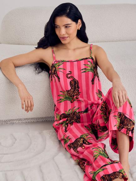 Chelsea Peers Leaf Tiger Stripe Camisole Cropped Pyjama Set, Pink - view 2, Pink