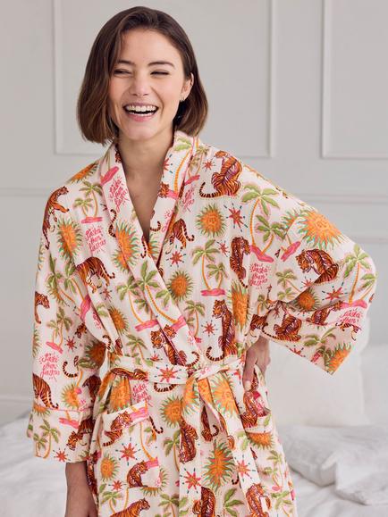 Chelsea Peers Siesta Fiesta Cheesecloth Cotton Dressing Gown, Off White - view 2, Off White