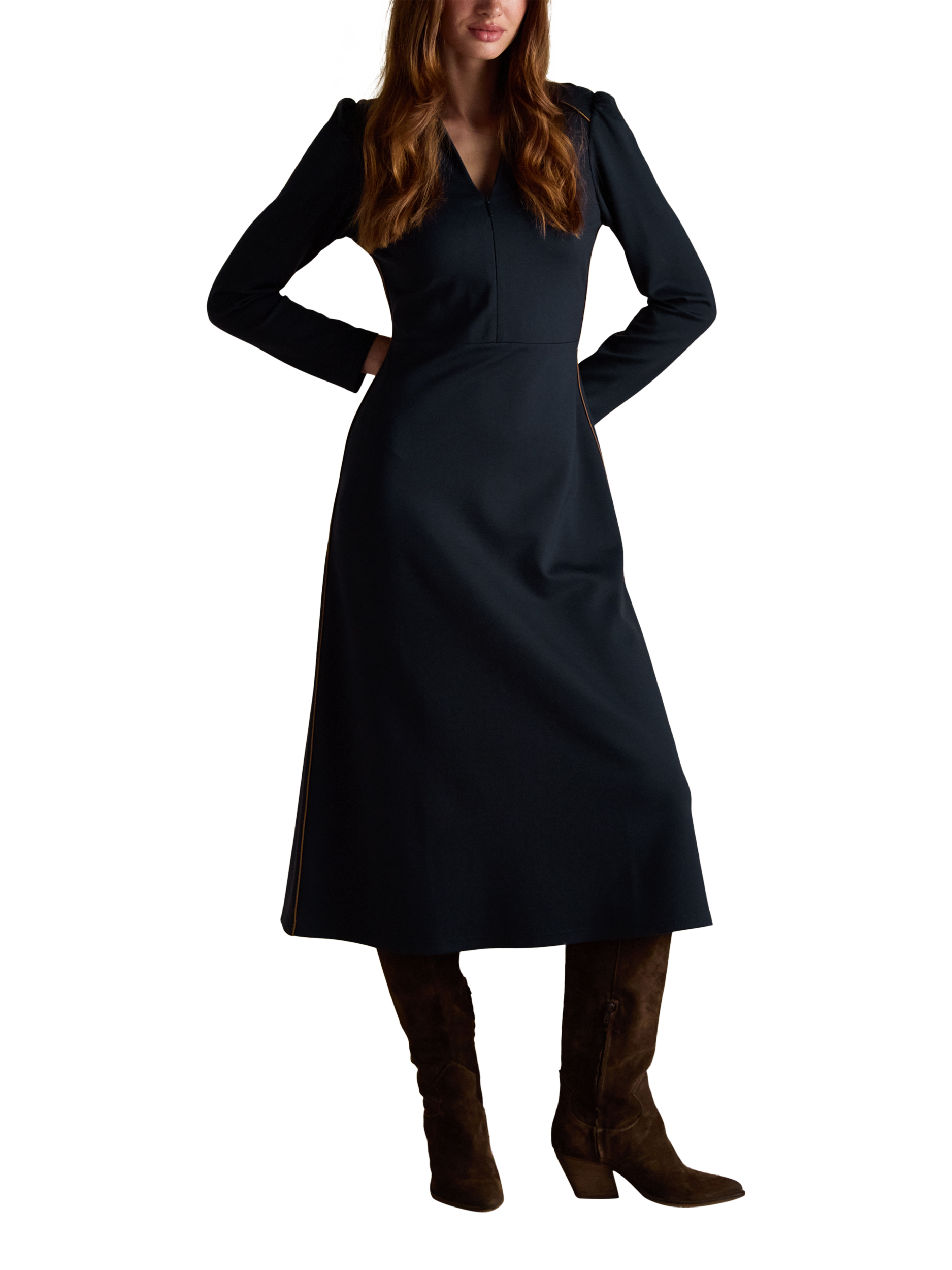 Product image 1 of 5, which shows Joules Ponte Polo Zip Midi Dress, Navy, 6