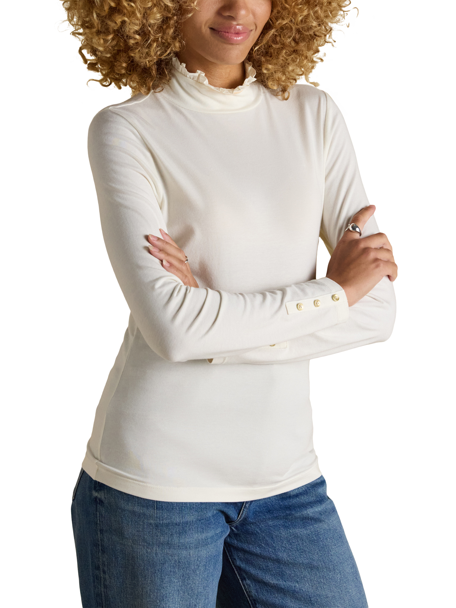 Product image 1 of 6, which shows Joules Frill Neck Long Sleeve Top, Cream, 6
