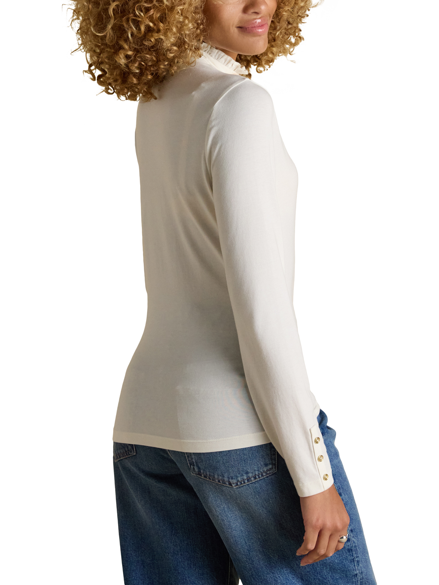 Product image 2 of 6, which shows Joules Frill Neck Long Sleeve Top, Cream, 6
