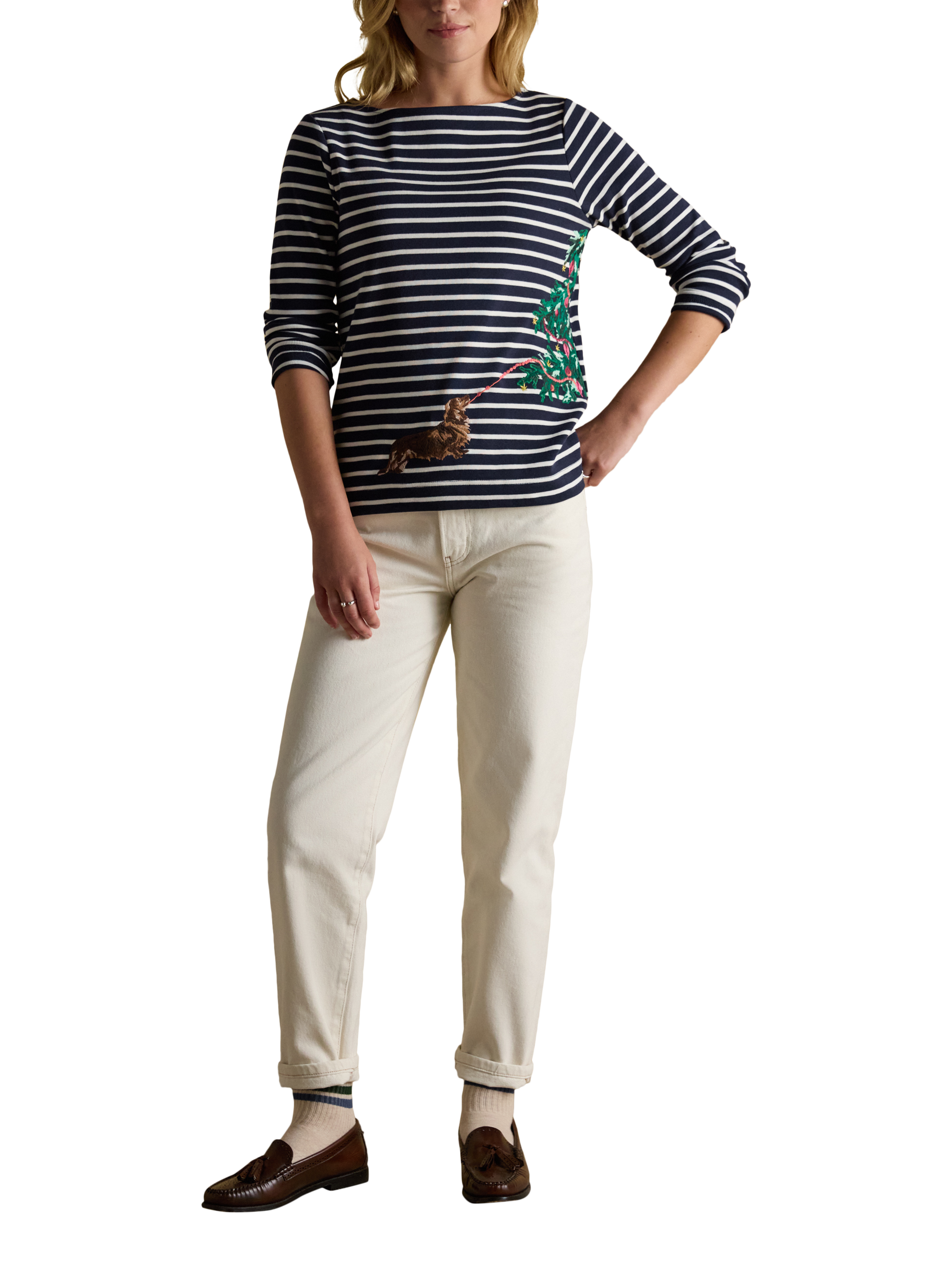 Product image 6 of 8, which shows Joules Harbour Breton Stripe Christmas Top, Navy/Multi, 6