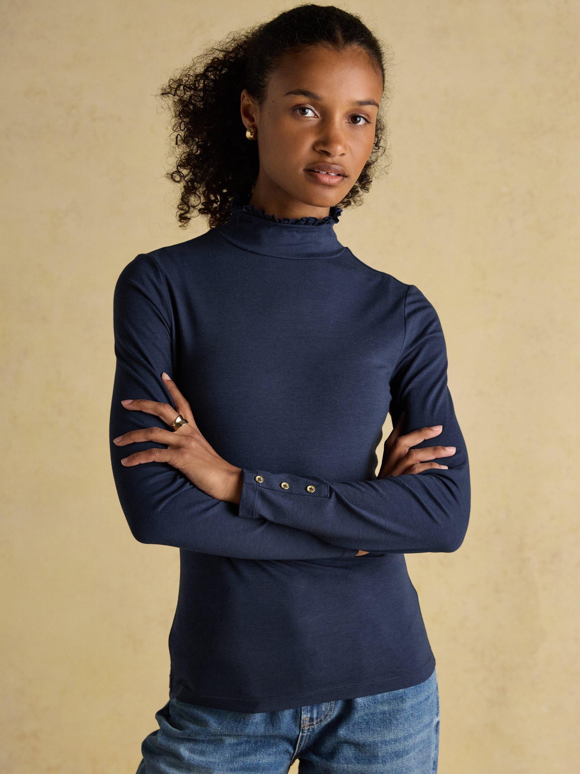 Product image 1 of 8, which shows Joules Frill Neck Long Sleeve Top, Navy, 6