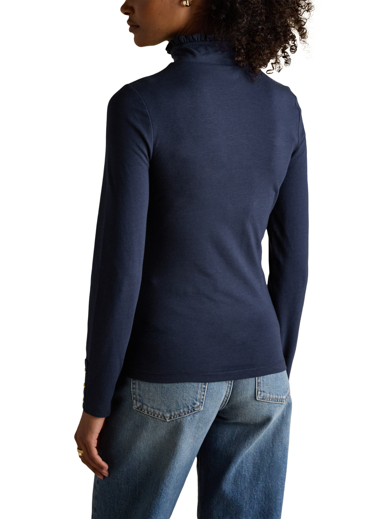 Product image 2 of 8, which shows Joules Frill Neck Long Sleeve Top, Navy, 6