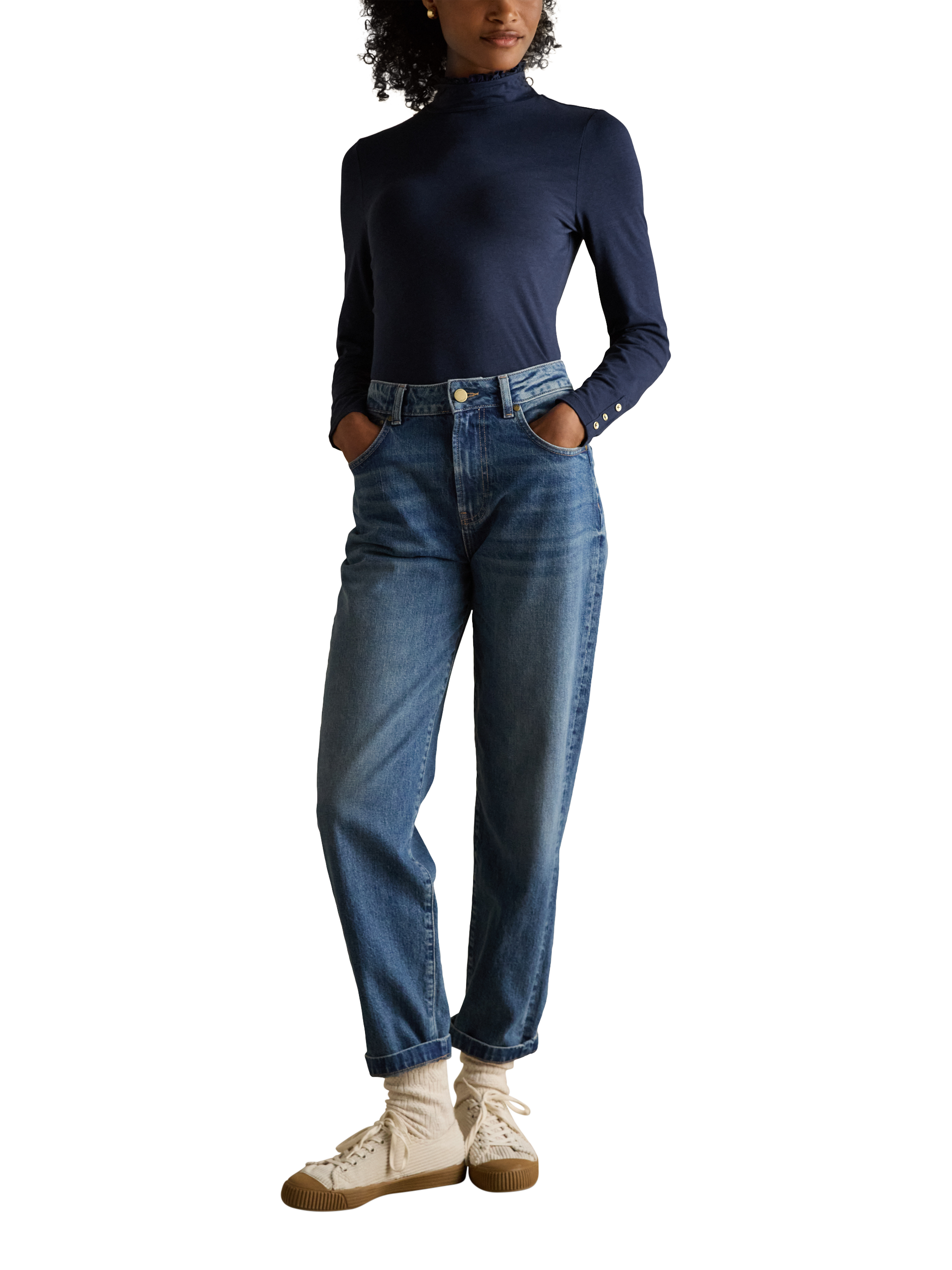 Product image 6 of 8, which shows Joules Frill Neck Long Sleeve Top, Navy, 6