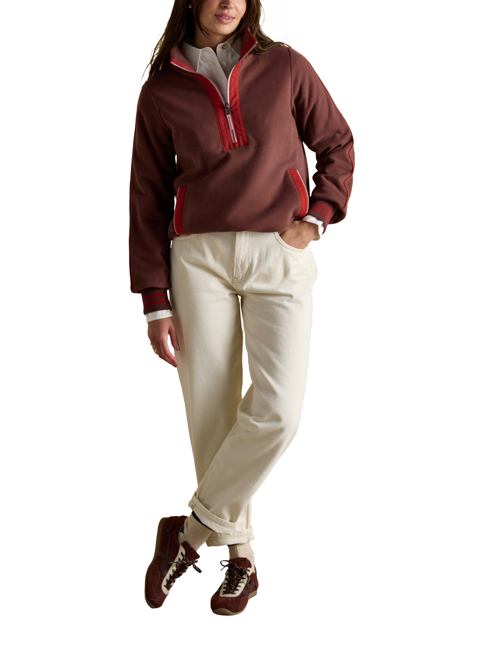 Product image 1 of 8, which shows Joules Funnel Neck Zip Sweatshirt, Chocolate, 6