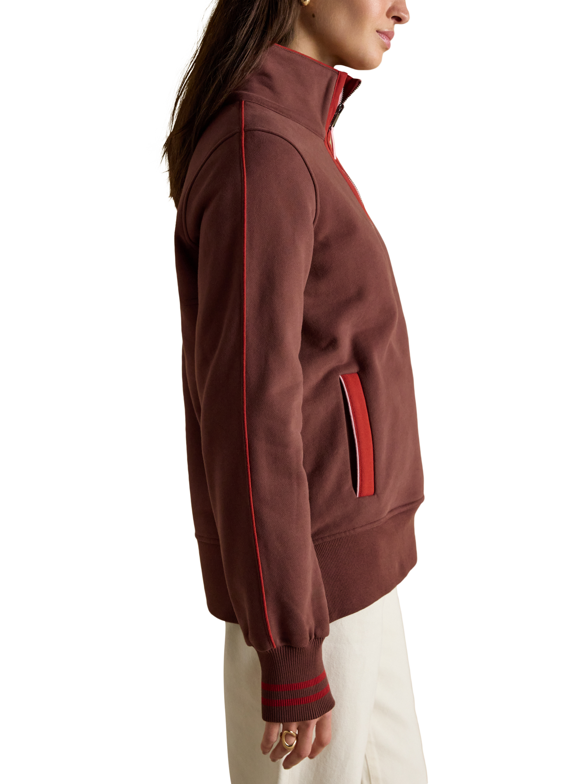 Product image 4 of 8, which shows Joules Funnel Neck Zip Sweatshirt, Chocolate, 6