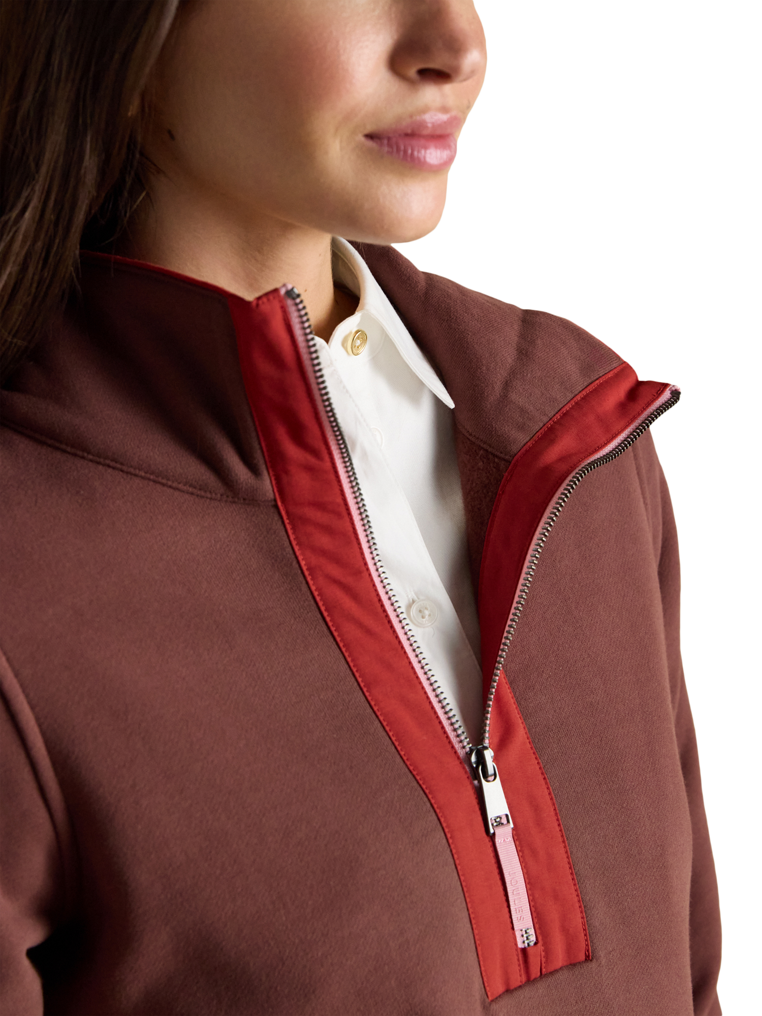 Product image 6 of 8, which shows Joules Funnel Neck Zip Sweatshirt, Chocolate, 6