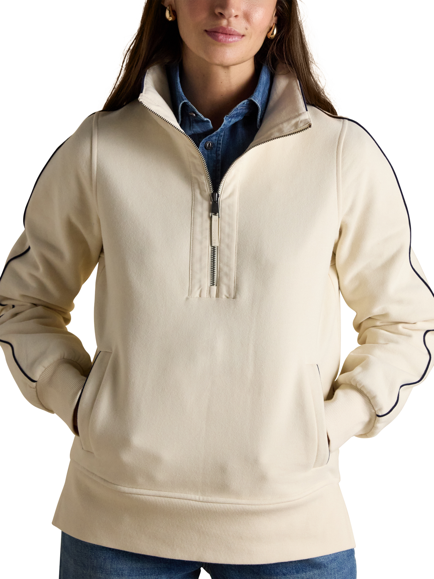 Product image 1 of 8, which shows Joules Funnel Neck Zip Sweatshirt, Cream, 6