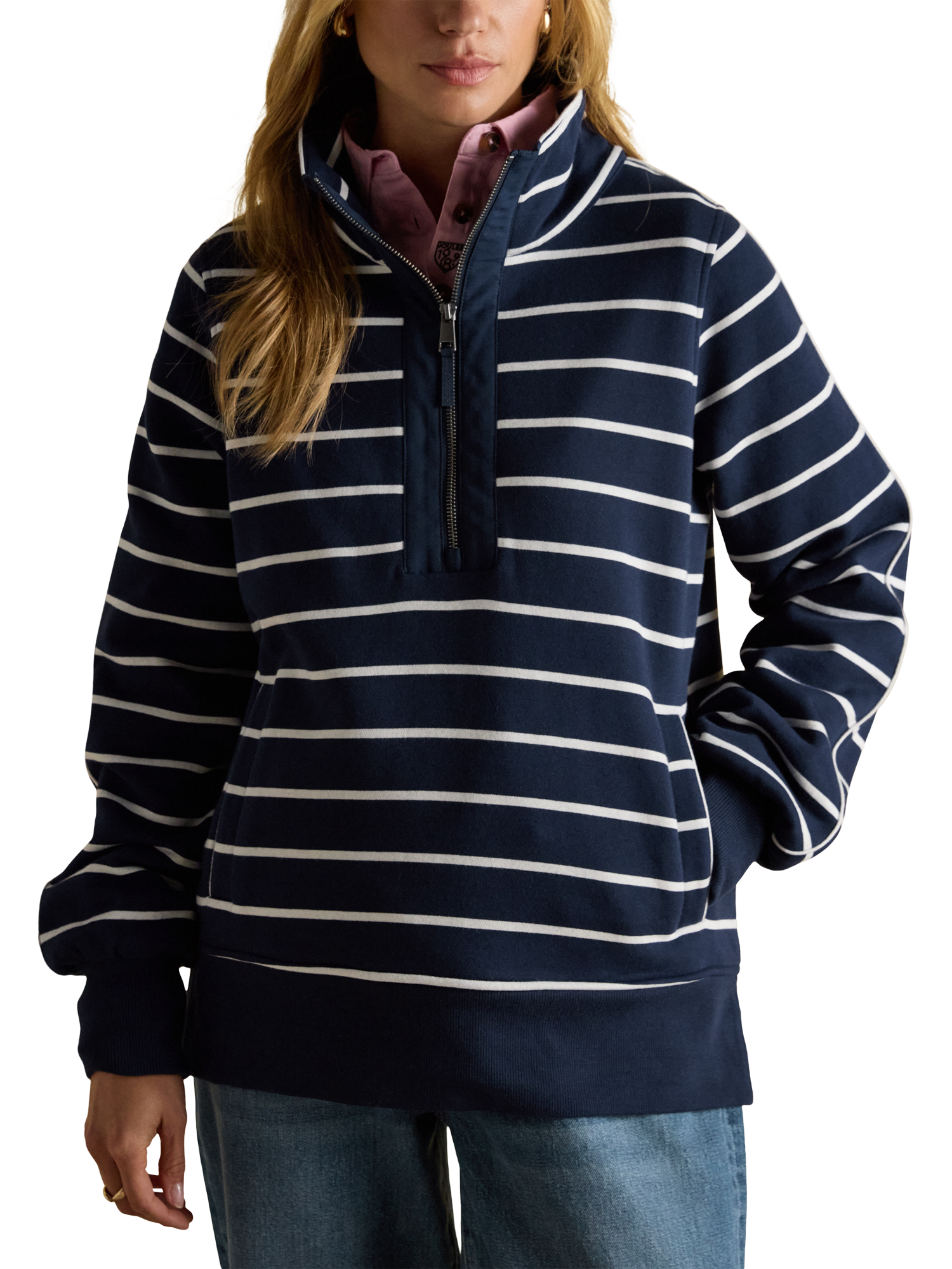 Product image 1 of 10, which shows Joules Stripe 1/4 Zip Sweatshirt, Navy/White, 6
