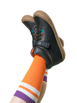 Frugi Kids' Cape Leather Stretch Lace Boots, Black/Salamander - view 2, Black/Salamander