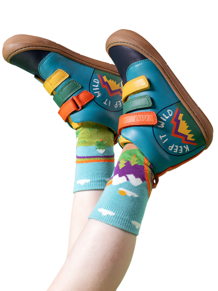 Frugi Kids' Meadow Leather High Top Trainers, Boat Blue/Multi - view 2, Boat Blue/Multi