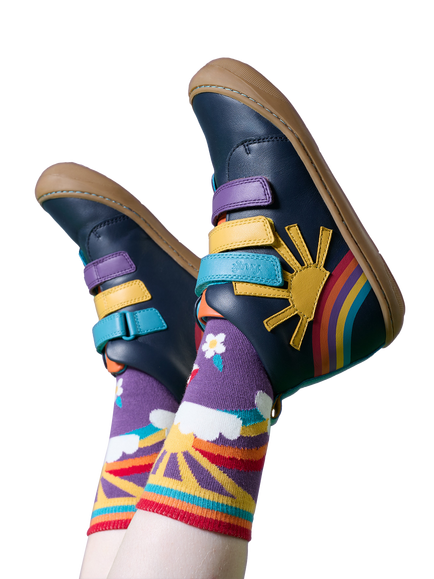Frugi Kids' Meadow Leather High Top Trainers, Navy/Multi - view 2, Navy/Multi