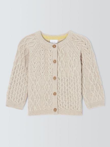 John Lewis Baby Patchwork Cable Knit Cardigan, Natural, Natural
