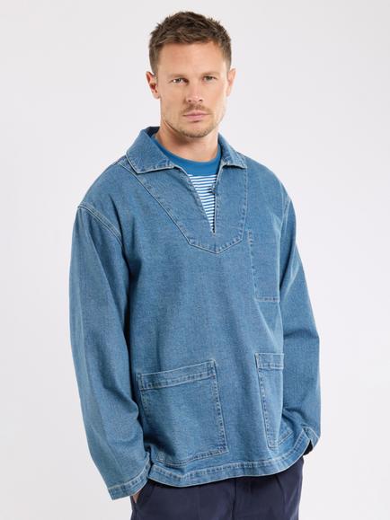 Armor Lux Regular Fit Denim Fisherman’s Smock Shirt, Denim Moyen, Denim Moyen