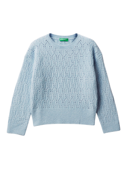 Benetton Kids' Knitted Openwork Crew Neck Jumper, Blue, Blue