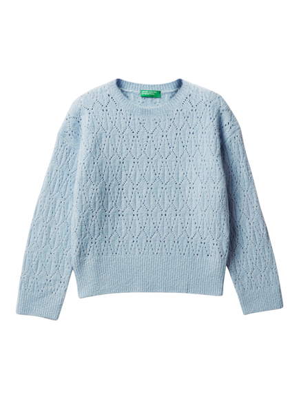 Benetton Kids' Knitted Openwork Crew Neck Jumper, Blue, Blue