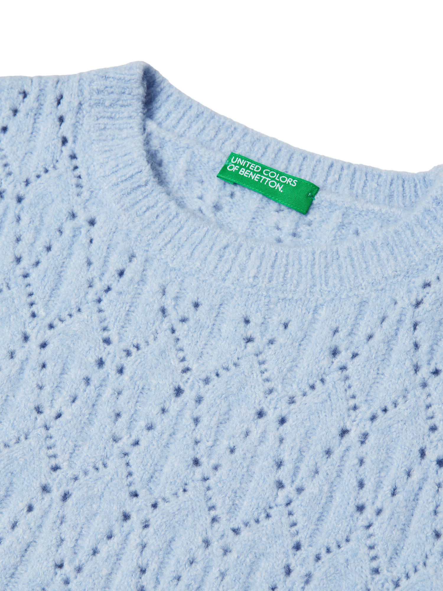Product image 3 of 3, which shows Benetton Kids' Knitted Openwork Crew Neck Jumper, Blue, 6-7 years