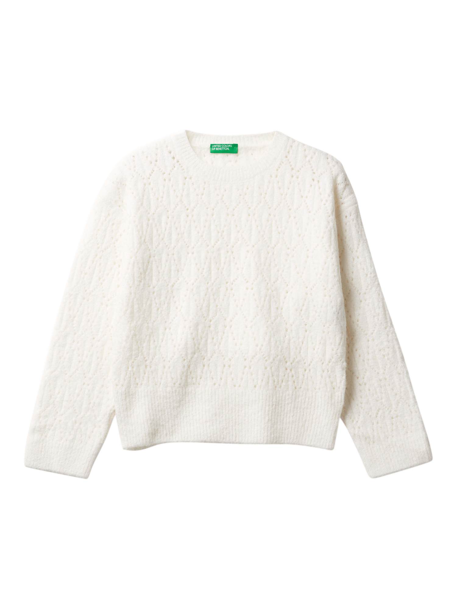 Product image 1 of 3, which shows Benetton Kids' Cotton Blend Openwork Jumper, White, 6-7 years