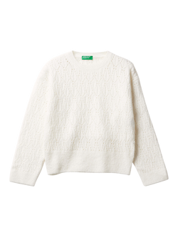 Benetton Kids' Cotton Blend Openwork Jumper, White, White