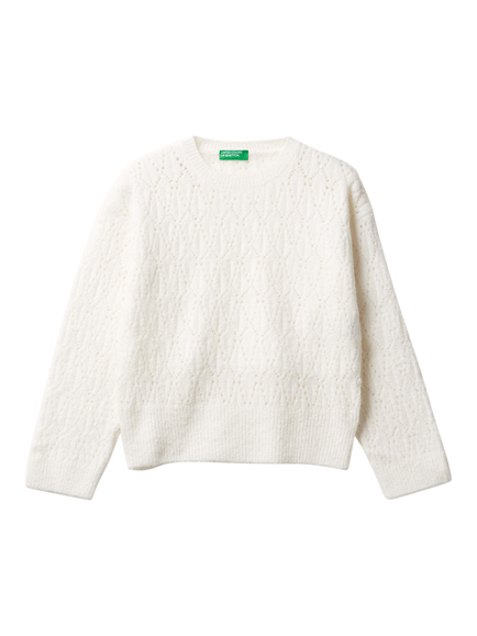 Benetton Kids' Cotton Blend Openwork Jumper, White, White