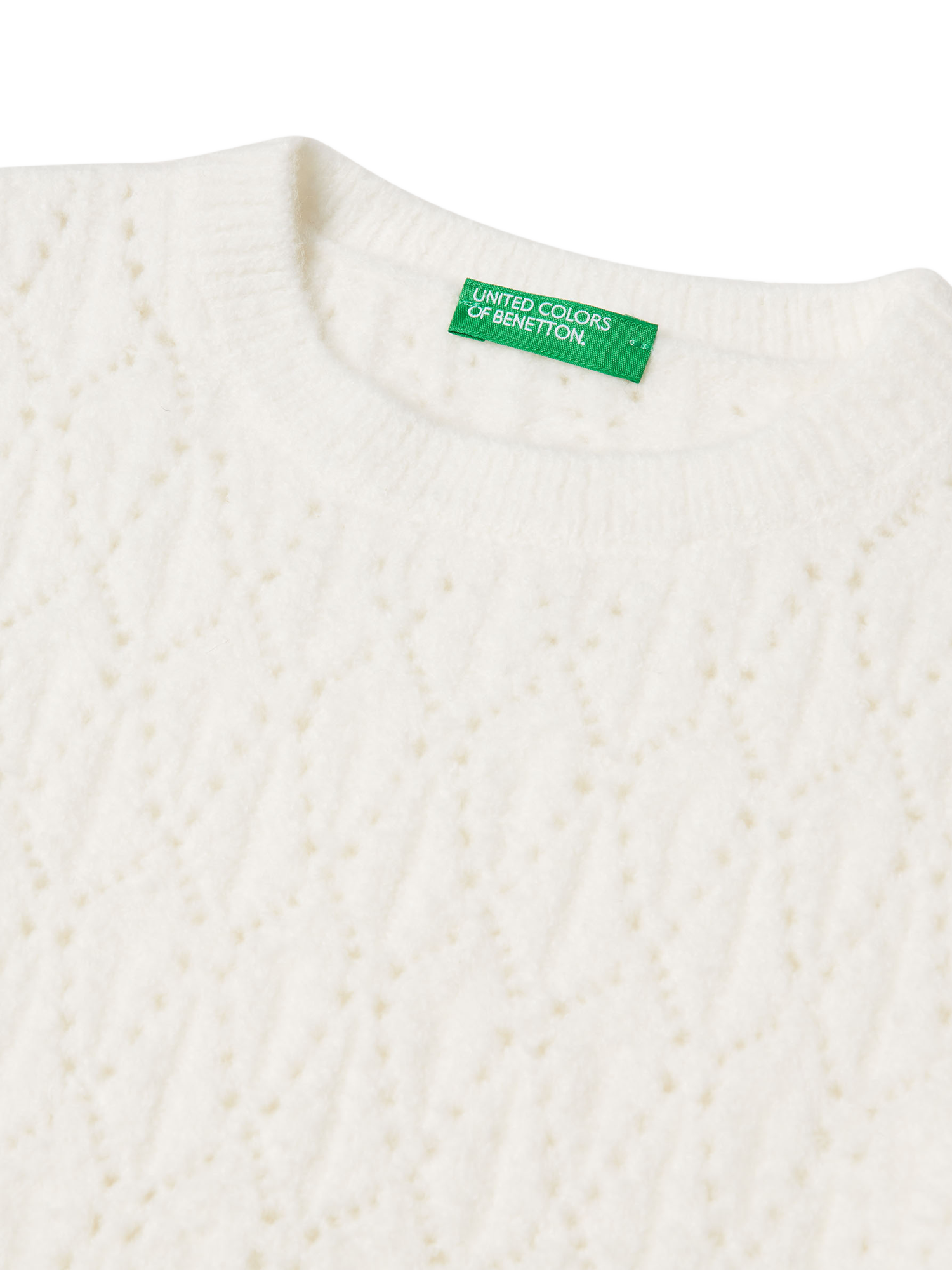 Product image 3 of 3, which shows Benetton Kids' Cotton Blend Openwork Jumper, White, 6-7 years