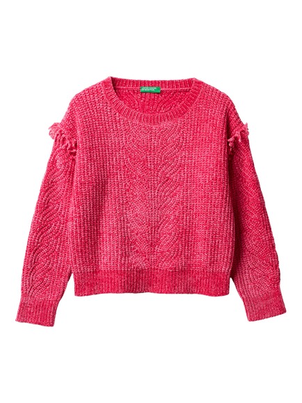 Benetton Kids' Crew Neck Chenille Sweater, Pink
