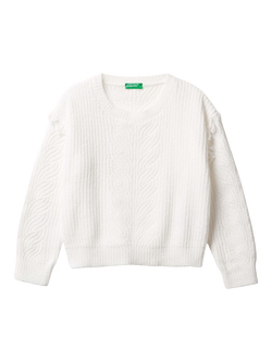 Benetton Kids' Crew Neck Chenille Sweater, White