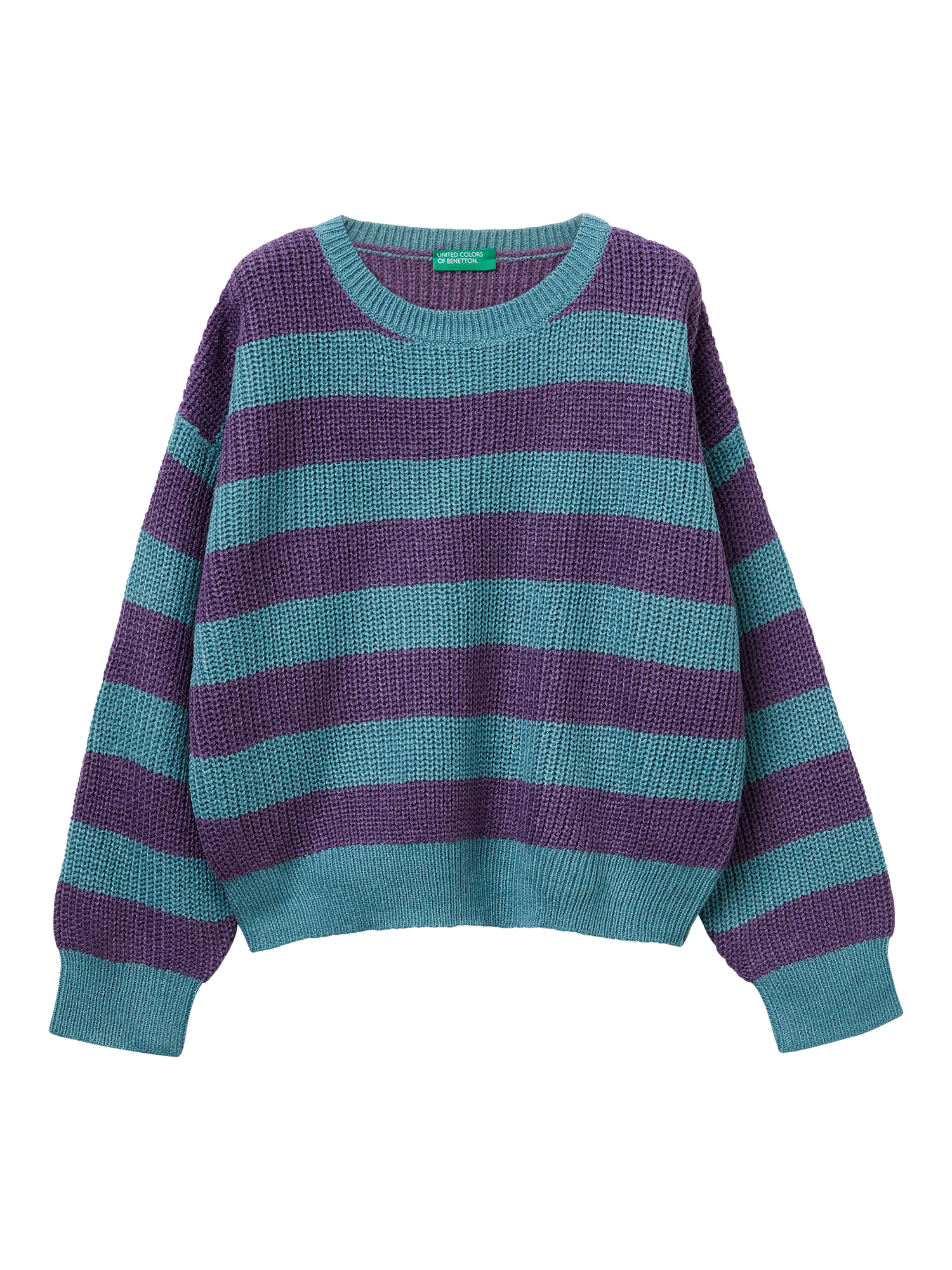 Product image 1 of 3, which shows Benetton Kids' Two-Tone Striped Knit Jumper, Green, 8-9 years