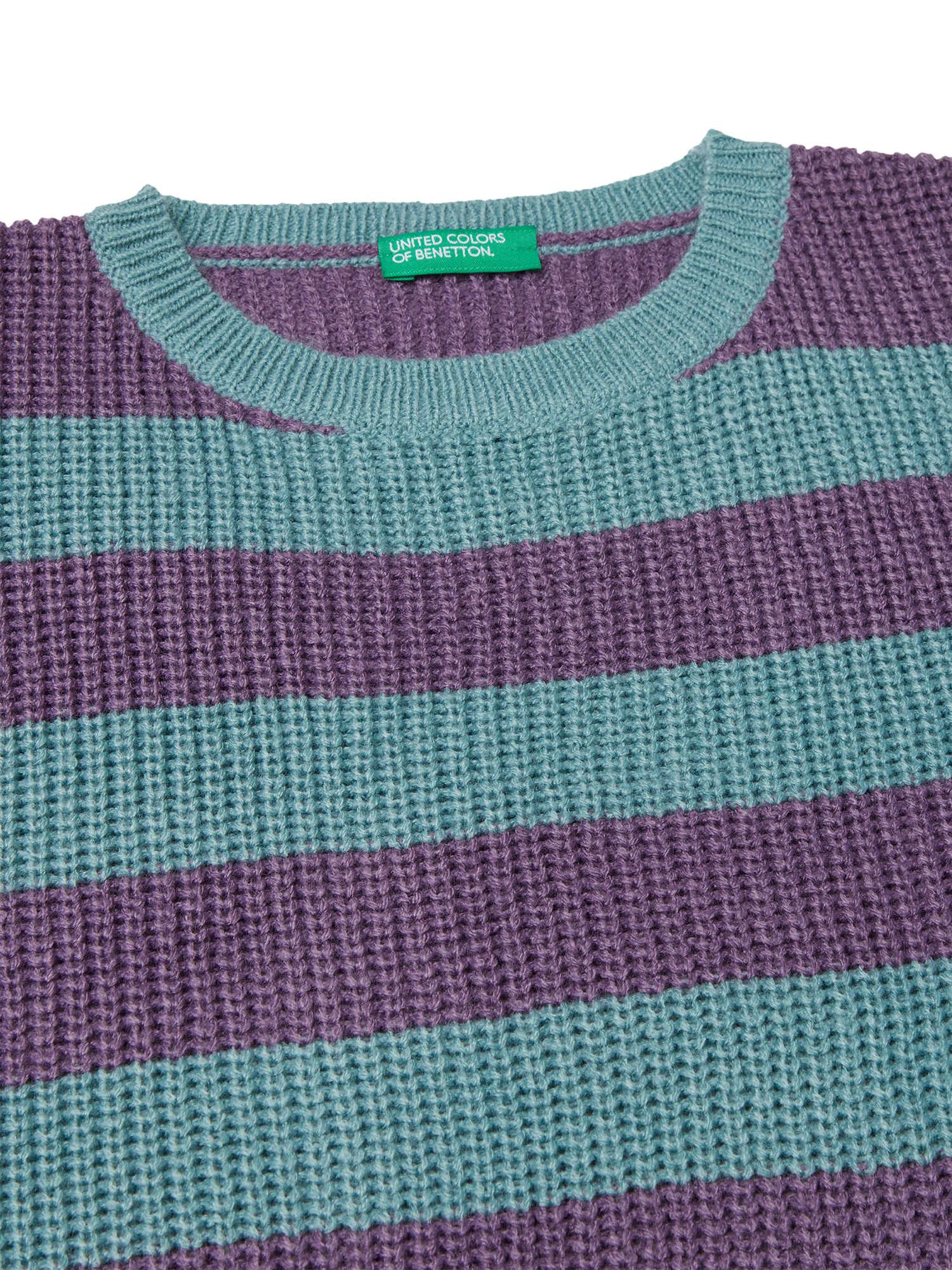 Product image 3 of 3, which shows Benetton Kids' Two-Tone Striped Knit Jumper, Green, 8-9 years