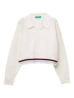 Benetton Kids' Knitted Long Sleeved Polo Jumper, White, White