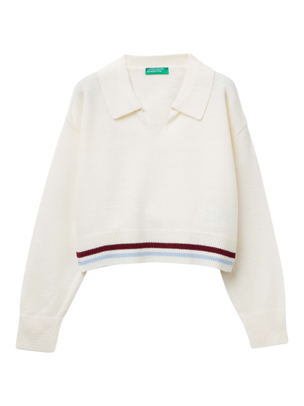 Benetton Kids' Knitted Long Sleeved Polo Jumper, White, White