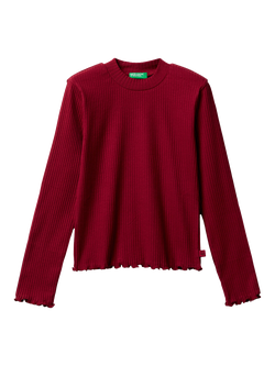 Benetton Kids' Cotton Blend Long Sleeved Frill Trim T-Shirt, Red