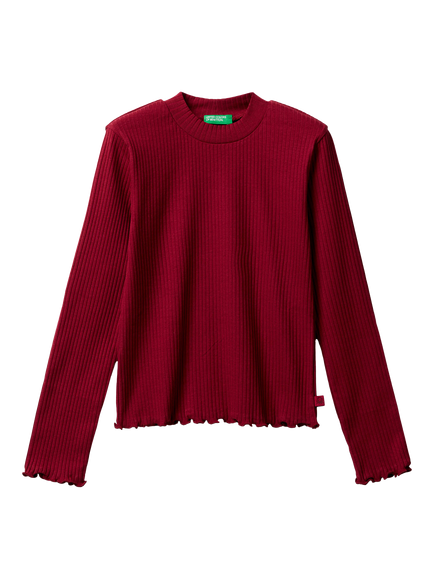 Benetton Kids' Cotton Blend Long Sleeved Frill Trim T-Shirt, Red