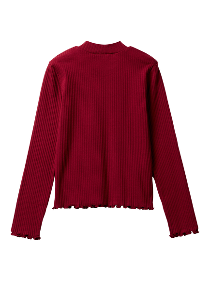 Benetton Kids' Cotton Blend Long Sleeved Frill Trim T-Shirt - view 2, Red